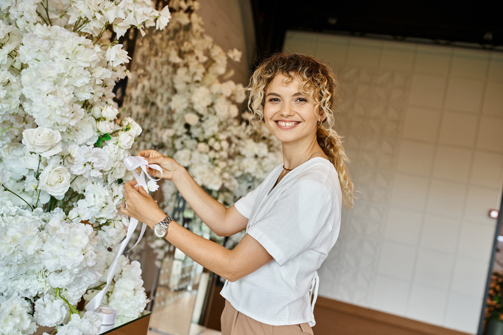 Event decorator arranging white floral display for a wedding reception.