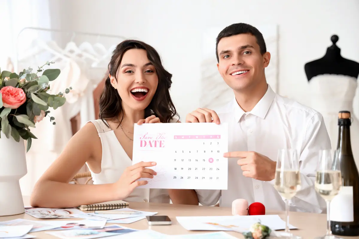 Couple Reviewing A Calendar While Planning Key Milestones Early In Their Wedding Planning Timeline