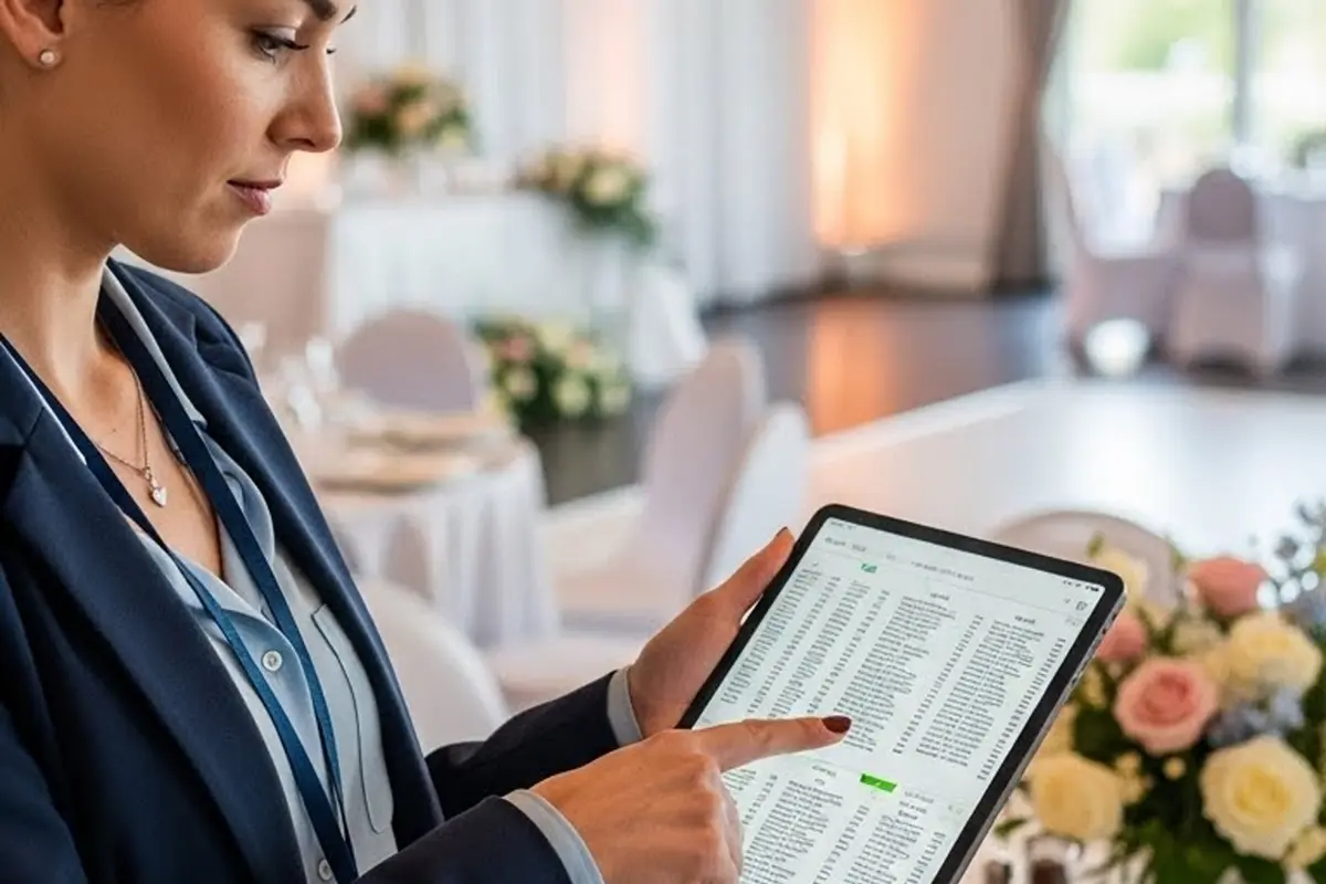 Venue Coordinator Reviewing Seating Plans And Event Details With A Couple During A Wedding Venue Tour Inside The Reception Space