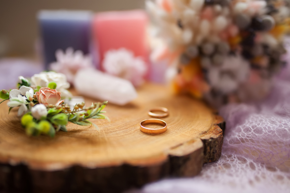 Wedding rings on wood slice with flowers, rustic wedding reception theme.