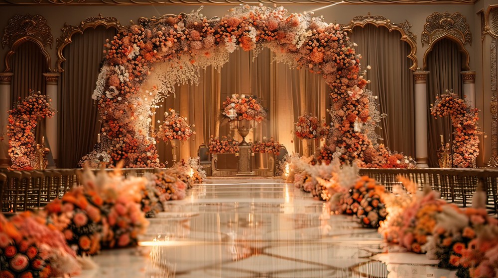 Opulent ballroom floral arch and aisle, showcasing wedding reception themes in blush tones.